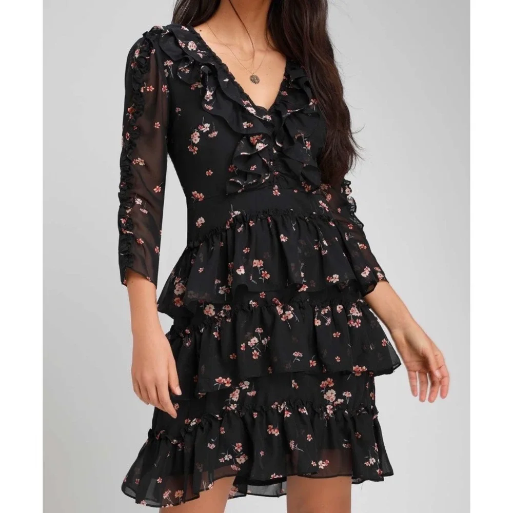Lulu's Growing Affection Black Floral Print Ruffled Mini Dress Size Small